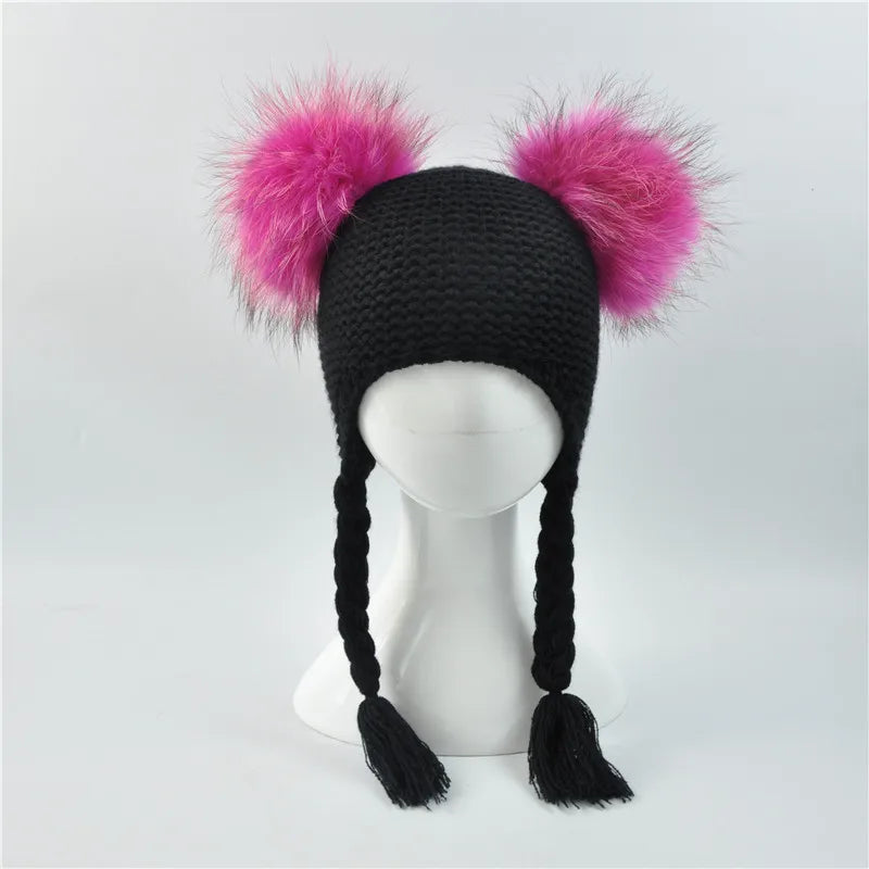 Gorro de punto con dos pompones de piel auténtica para bebés y niños, gorro de invierno con orejeras para niña y niño