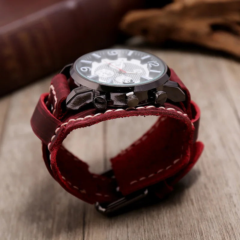 Reloj de pulsera retro para hombre, correa ancha de cuero genuino, reloj de cuarzo de estilo punk a la moda, brazaletes de piel de vaca 2025