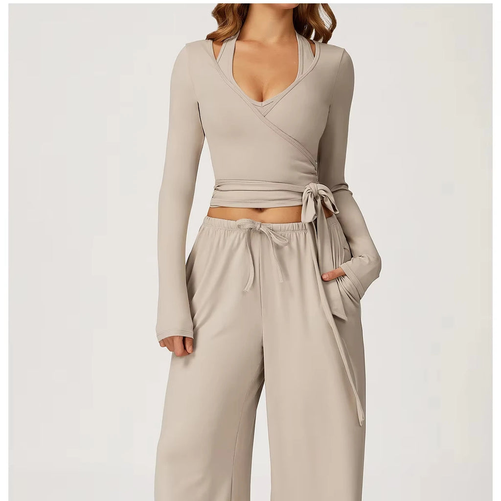 Women's Brushed Wrap Tie Long Sleeve Yoga Top Halter V-Neck Slim Fit Workout Fitness Sportswear