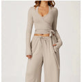 Women's Brushed Wrap Tie Long Sleeve Yoga Top Halter V-Neck Slim Fit Workout Fitness Sportswear