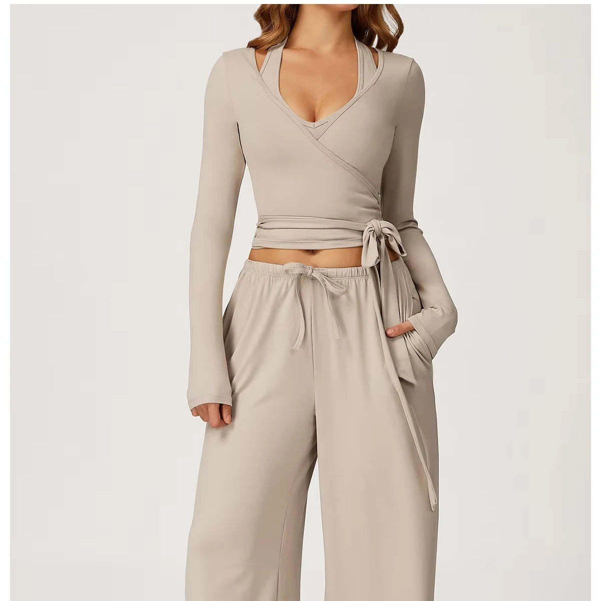 Women's Brushed Wrap Tie Long Sleeve Yoga Top Halter V-Neck Slim Fit Workout Fitness Sportswear