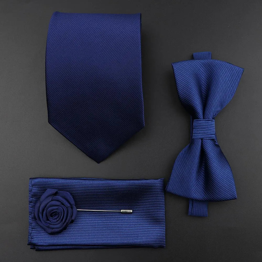 New Solid Color Silk Men Tie Set Polyester Jacquard Woven Necktie Bowtie Suit Vintage Red Blue for Groom Business Wedding Party