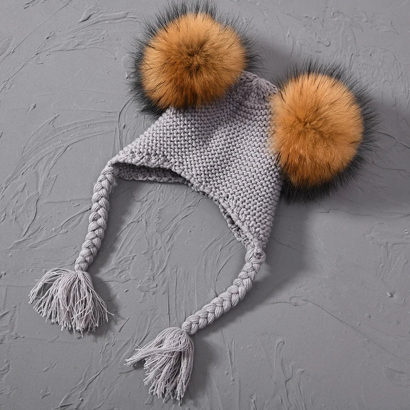 Kids Real Fur Pom Pom Hat Baby Winter Crochet Earflap Hat Girls Boys Knitted Beanie Double Two Real Fur Pompom Hat for Children