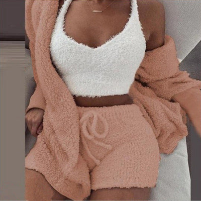 Knit Sleepwear Pajamas for Women's Lingerie 3 Piece Set