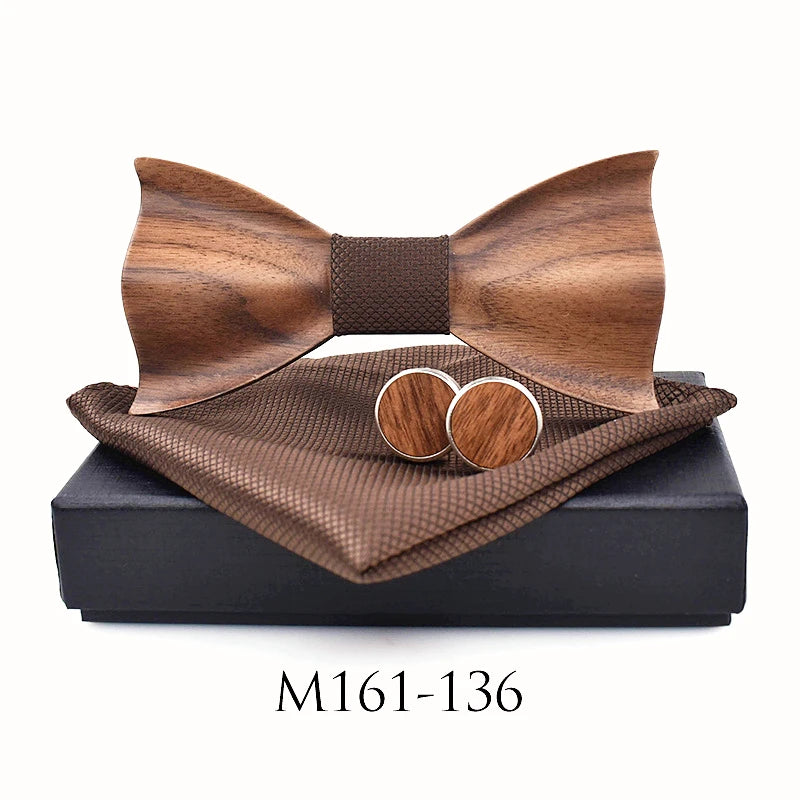 3D Wooden Bow Tie Set for Men Handmade Geometric Wedding Bowtie Pocket Square Cufflinks
