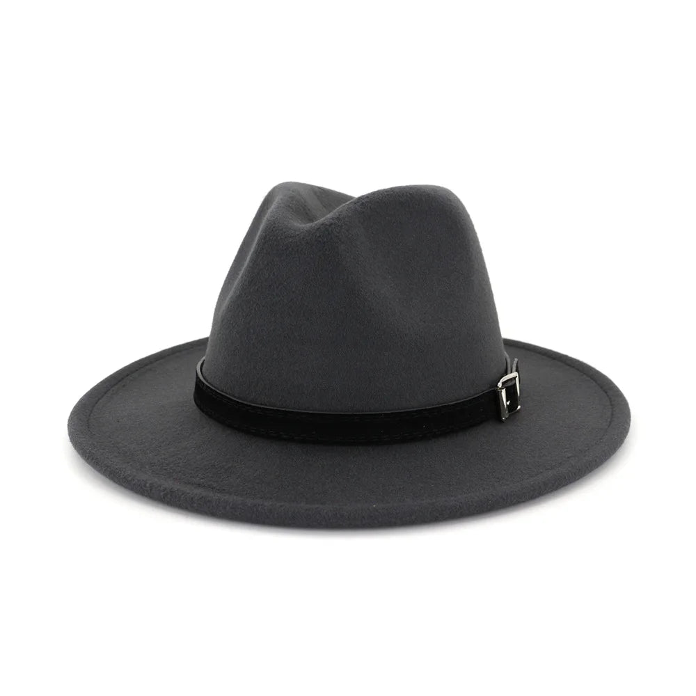 QBHAT Men Women Wide Brim Wool Felt Fedora Panama Hat With Belt Buckle Jazz Trilby Cap Party Formal Top Hat in White,black