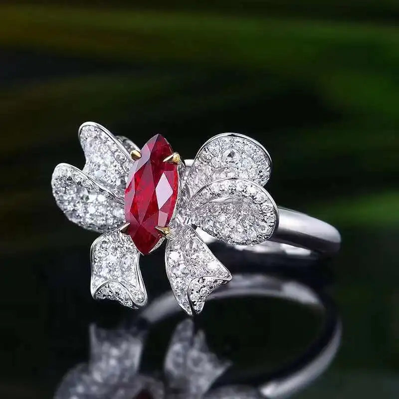 SGARIT Gemstone Jewelry Ruby Butterfly Ring AIGS Certificate 18K White Gold 1.55CT Marquise Shape Natural Red Ruby Design Ring
