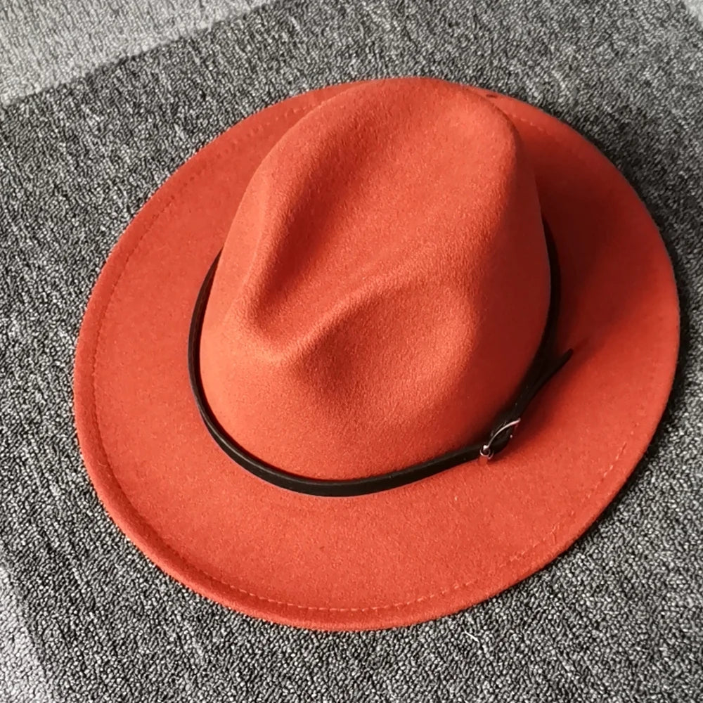QBHAT Men Women Wide Brim Wool Felt Fedora Panama Hat With Belt Buckle Jazz Trilby Cap Party Formal Top Hat in White,black
