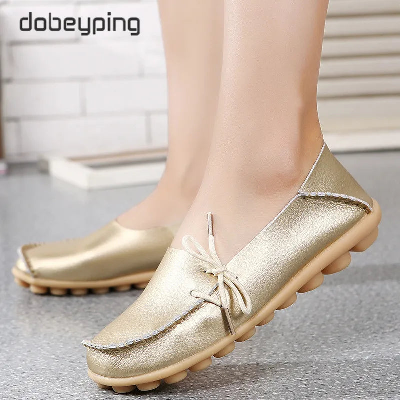 New Moccasins Women Flats 2026 Autumn Woman Loafers Genuine Leather Female Shoes Slip on Ballet Bowtie Women's Shoe Size 35-44