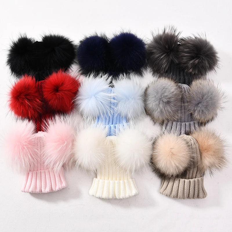 Gorro de punto para bebé de invierno con dos pompones de piel, gorro con bolas de piel natural para niños y niñas, gorro infantil con doble pompón de piel real