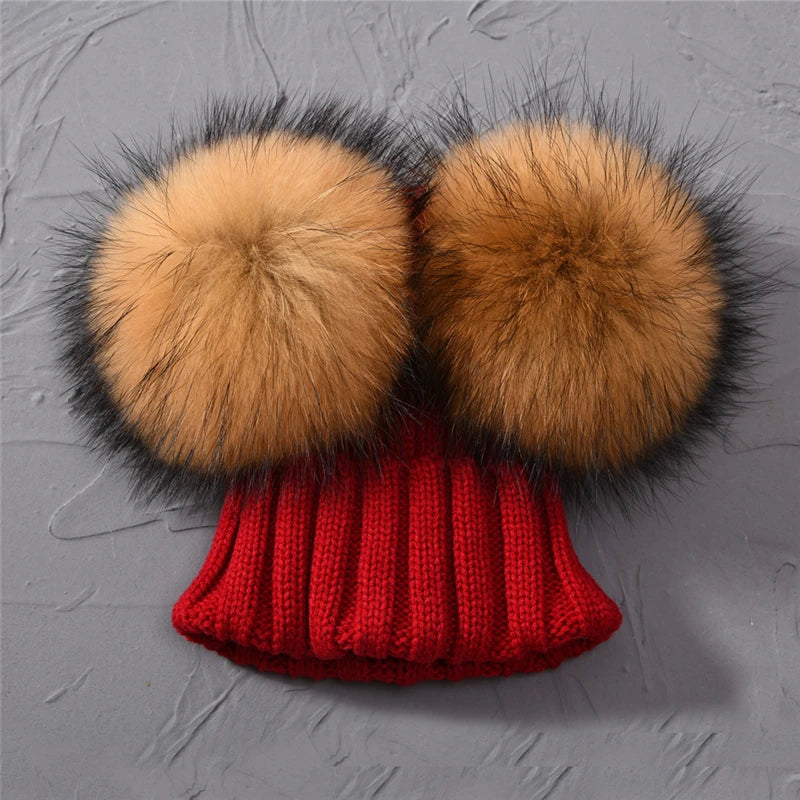Gorro de punto para bebé de invierno con dos pompones de piel, gorro con bolas de piel natural para niños y niñas, gorro infantil con doble pompón de piel real