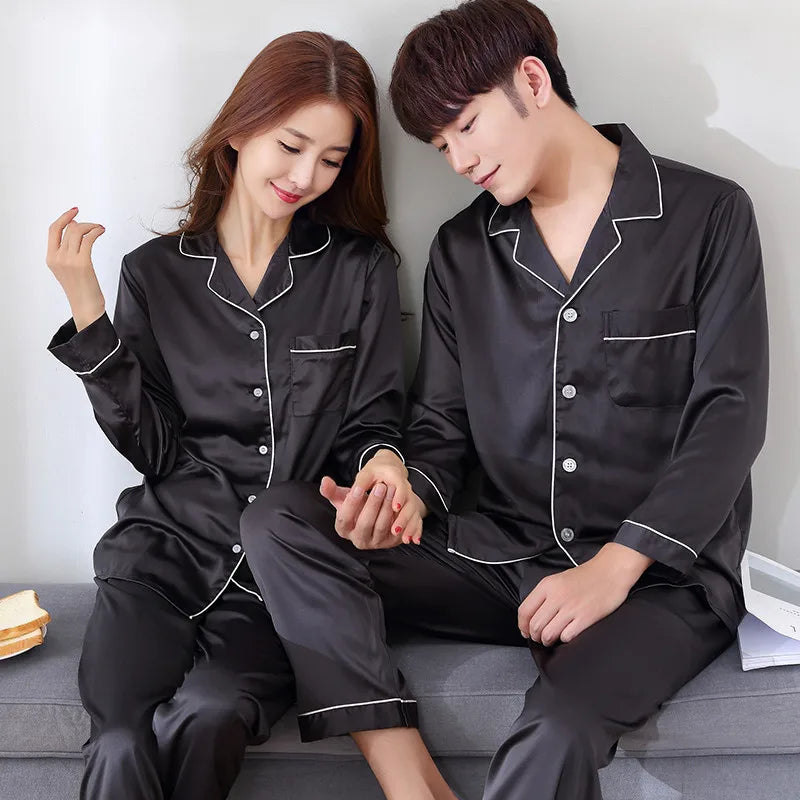 Solid Color Sleepwear Silk Satin Pajamas Couple Set Long Button-Dow