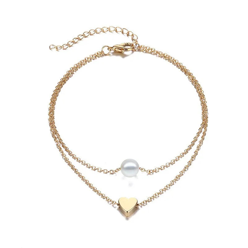 Trendy Beads Multilayer Summer Heart Anklet for Woman Bohemian Vintage Footwear Leg Bracelets 2021 Female Foot Jewelry G