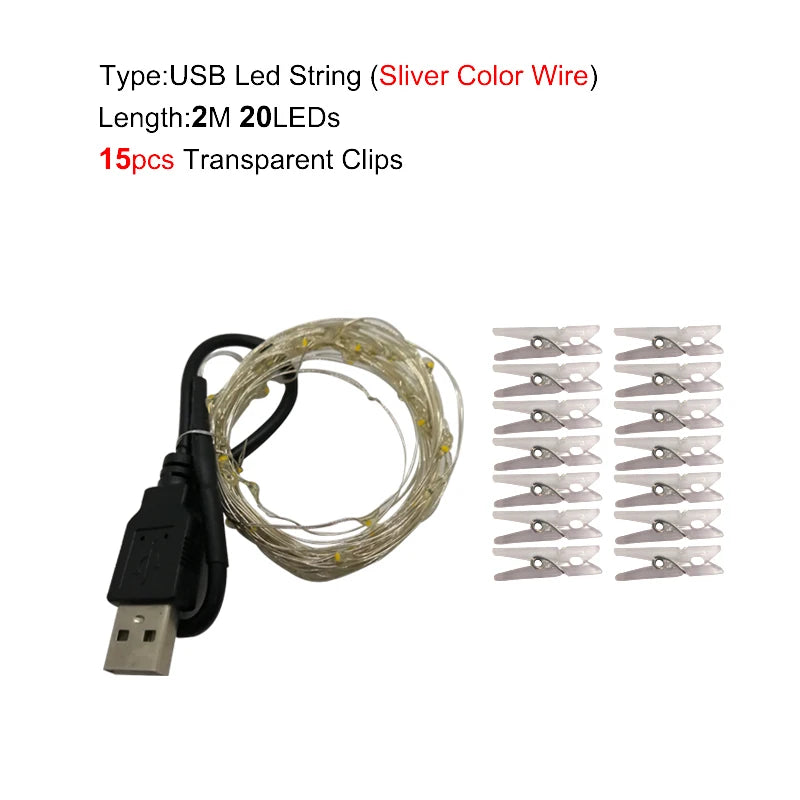 Guirnalda de luces LED con clips para fotos, 5M-10M, funcionamiento por USB o pilas