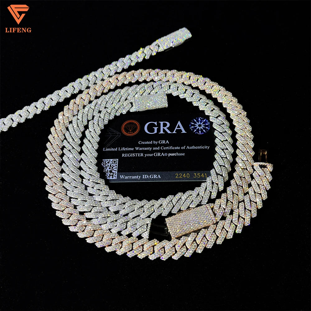 Precio económico, cadena de eslabones cubanos de moissanita de 10 mm, 12 mm, 14 mm, 15 mm, 18 mm, 20 mm, collar de cadena de eslabones cubanos "iced out" de plata de ley 925