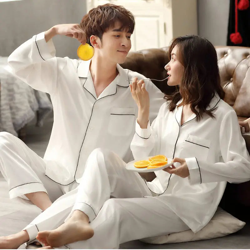 Solid Color Sleepwear Silk Satin Pajamas Couple Set Long Button-Dow