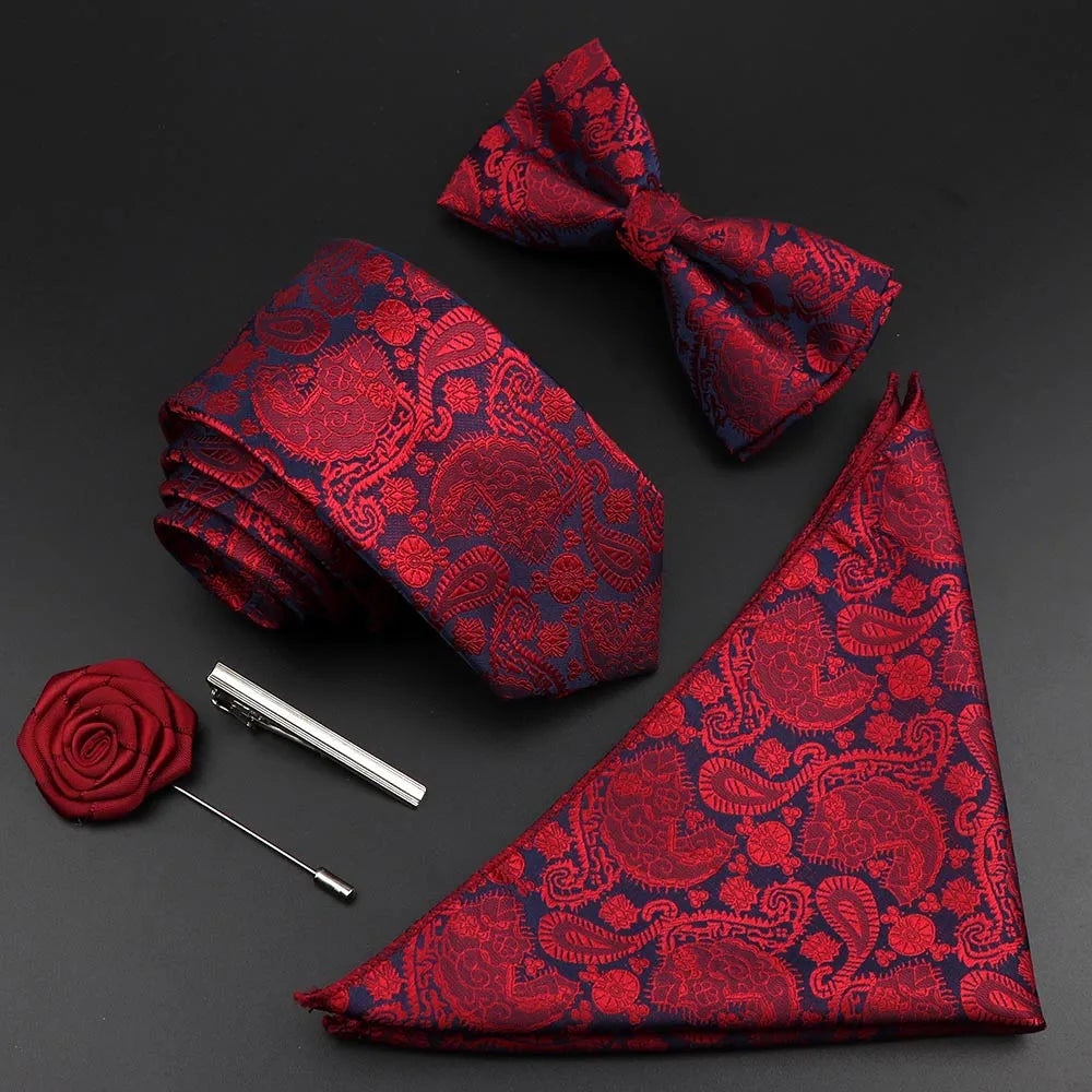 New Solid Color Silk Men Tie Set Polyester Jacquard Woven Necktie Bowtie Suit Vintage Red Blue for Groom Business Wedding Party