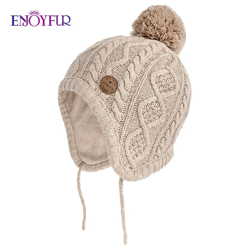 Gorro de punto de invierno ENJOYFUR para niños y niñas con pompón de piel de zorro natural, gorro cálido y grueso con orejeras para bebé