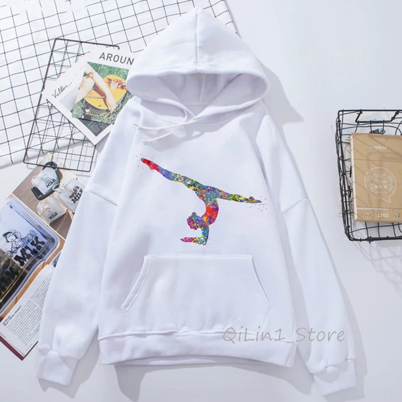 Watercolor Gymnastics Girl Design Harajuku Kawaii Hoodie Hat Sweatshirt 90s Tumblr Clothes Women Sports Gymnast Print Hoodies