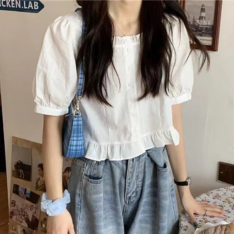 Korean Summer Ruffle Elegant Chiffon Cool Blouse Women Youthful Cute Cropped Tops Chic Short Sleeve Feminine Shirt