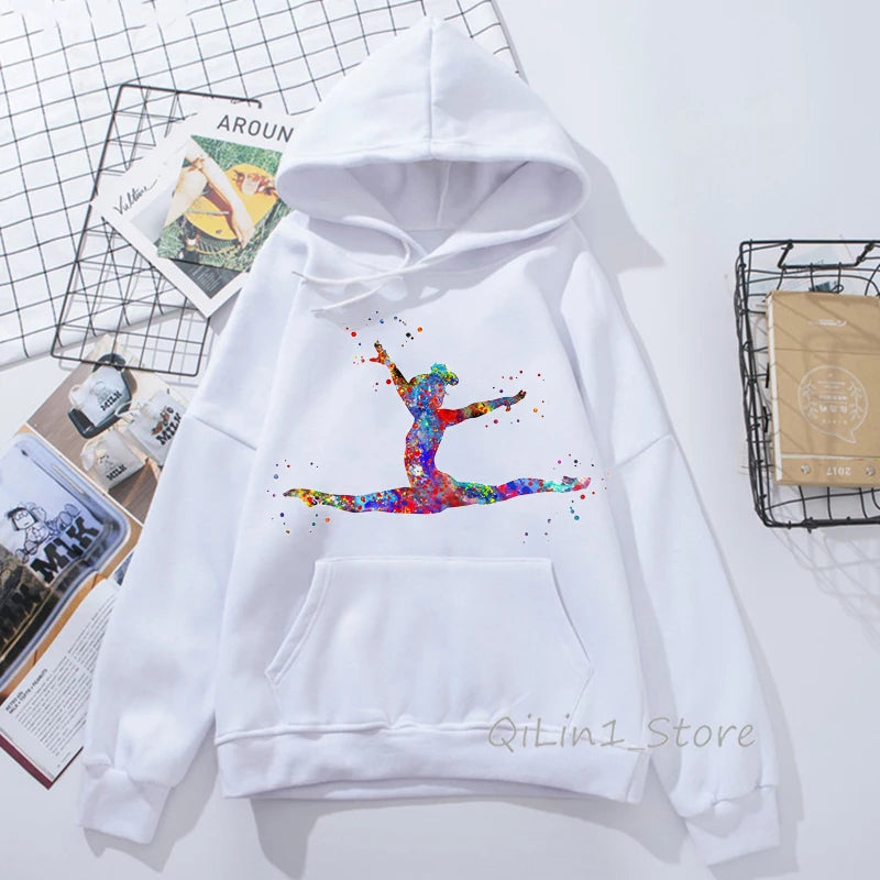 Bluza z kapturem w stylu Harajuku Kawaii z akwarelowym nadrukiem gimnastyczki, styl lat 90. Tumblr, odzież sportowa damska