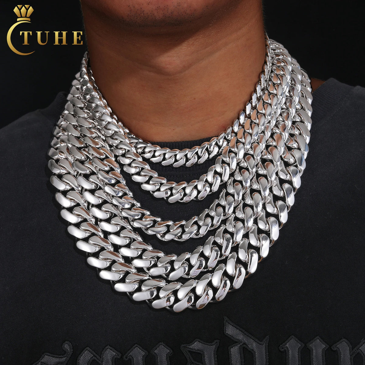 Collar de cadena cubana Miami de lujo estilo hip hop, eslabones de 10mm-22mm de plata de ley 925 maciza con diamantes de moissanita tipo "iced out" y cierre de hebilla