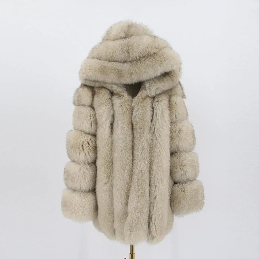 Pink Java QC8149 2018 New Model Women Real Fox Fur Coat Long Sleeves Hood Coat Genuine Fox Outfit High Quality