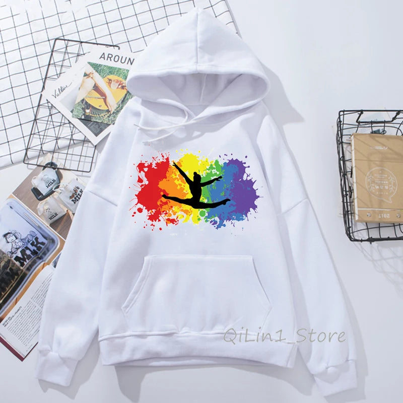 Bluza z kapturem w stylu Harajuku Kawaii z akwarelowym nadrukiem gimnastyczki, styl lat 90. Tumblr, odzież sportowa damska