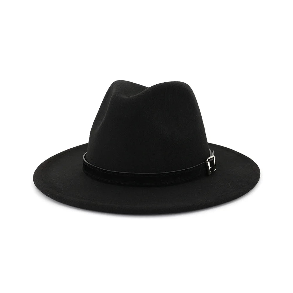 QBHAT Men Women Wide Brim Wool Felt Fedora Panama Hat With Belt Buckle Jazz Trilby Cap Party Formal Top Hat in White,black