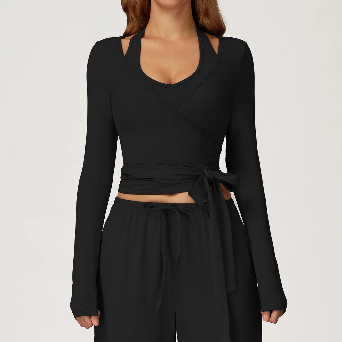 Women's Brushed Wrap Tie Long Sleeve Yoga Top Halter V-Neck Slim Fit Workout Fitness Sportswear