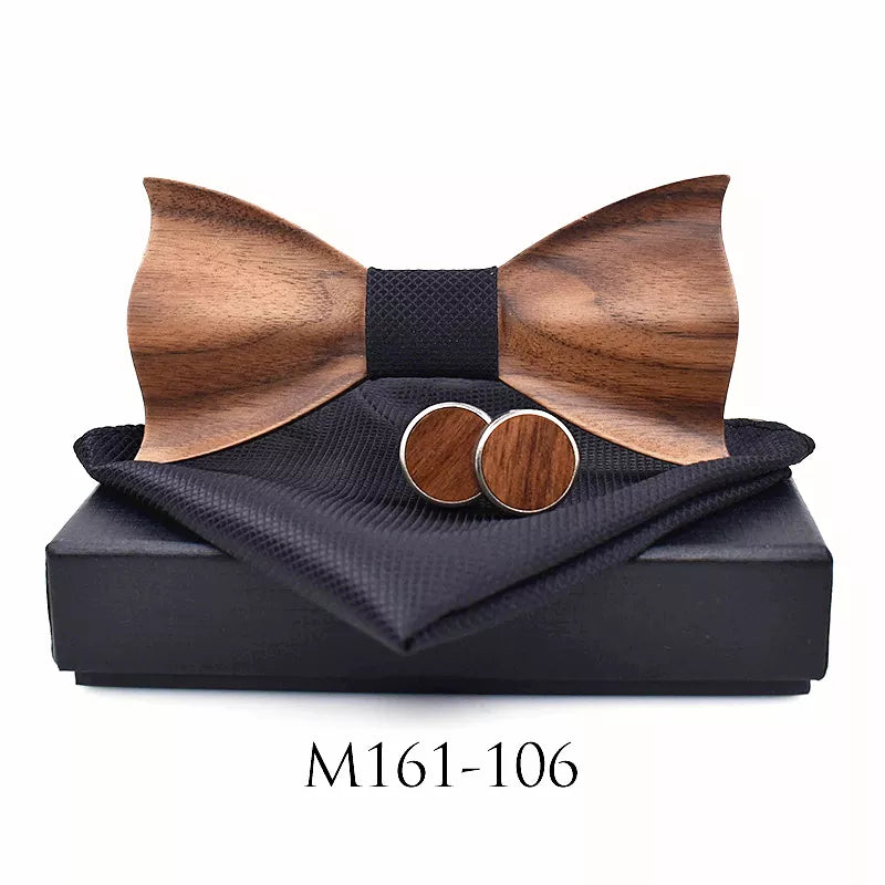 3D Wooden Bow Tie Set for Men Handmade Geometric Wedding Bowtie Pocket Square Cufflinks
