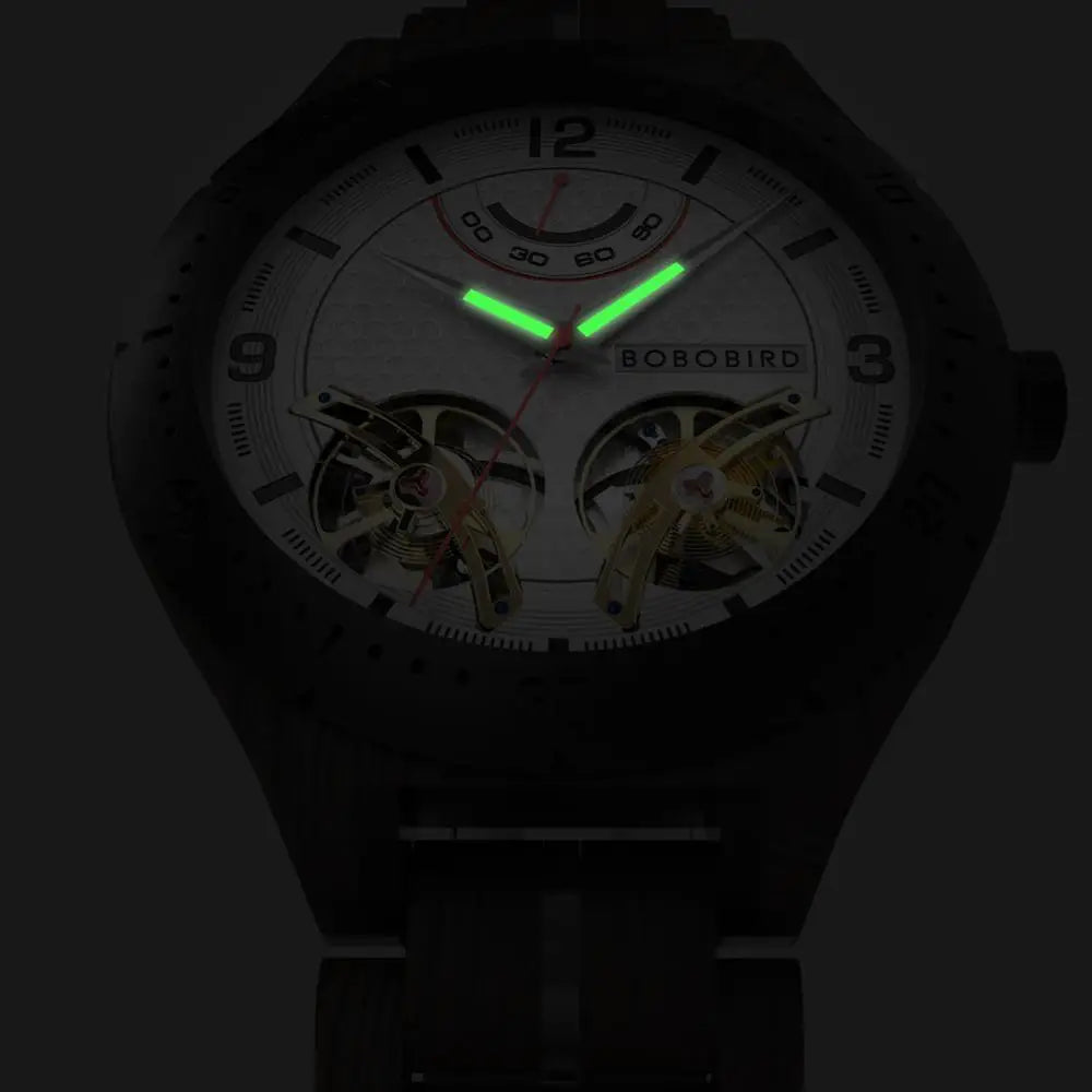 BOBO BIRD Men Mechanical Wooden Watches Double Tourbillon Movement Business Luxury Automatic Wristwatches for Men Custom
