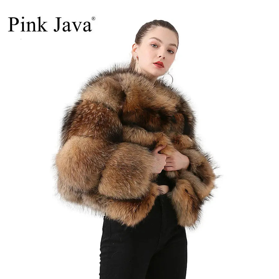 PINK JAVA QC1884 New Arrival Real Raccoon Fur Coat Women  Fur Jacket Winter Luxury Fluffy Raccoon Coats Hot Sale
