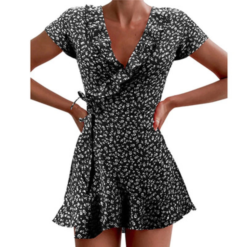 Summer Women’s Floal A-Line Dress Sweet Elegant Floral Ruffles V-Neck Bandage Short Dress for Lady Chic Flowers Mini Dress