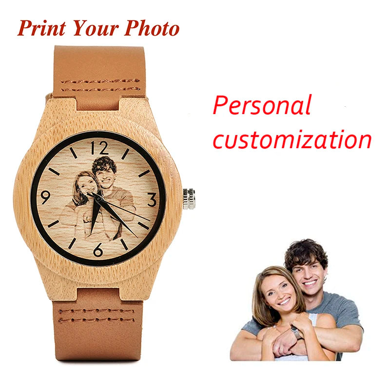 Reloj de madera para hombre y mujer BOBO BIRD, regalo creativo con impresión UV de fotos personalizadas, regalo personalizado OEM