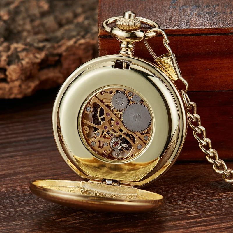 Reloj de bolsillo mecánico para hombre, estilo vintage, con caja de doble apertura, esfera con números romanos, cuerda manual y cadena con pasador, ideal para regalo.