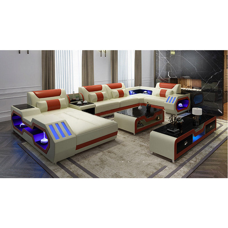 Furniture Factory Provided Living Room Sofas Modern Style Genuine Leather Sofa  U Shaped Corner Sofa Design Led Light Set Ly001