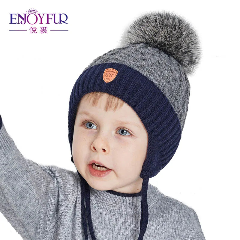 ENJOYFUR Warm Winter Baby Knitted Hats Real Fur Pompom Fleece Lined Boy Caps Cute Thick Kids Elastic Earflap Outdoor Ski Beanies