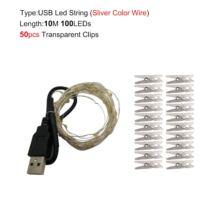 Guirnalda de luces LED con clips para fotos, 5M-10M, funcionamiento por USB o pilas