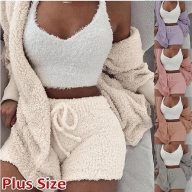 Knit Sleepwear Pajamas for Women's Lingerie 3 Piece Set