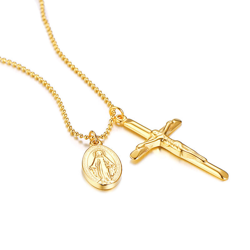 Collar con dije de moneda de la Virgen María y cruz de Jesús, joyería religiosa de acero inoxidable