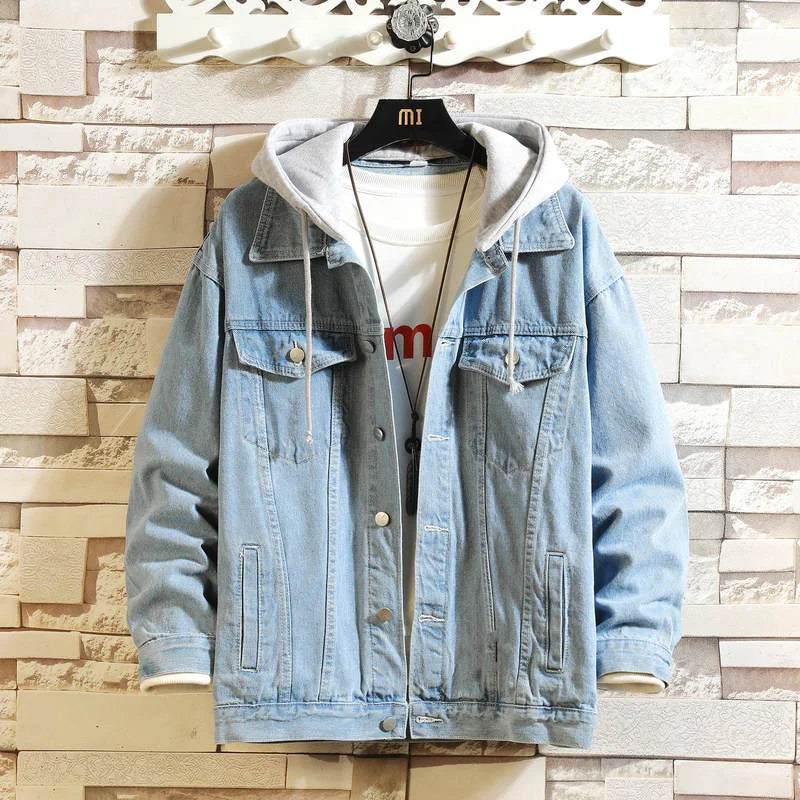 Chaqueta vaquera con capucha para hombre, estilo casual, chaqueta de mezclilla urbana, color sólido, cuello vuelto, abrigo de mezclilla con capucha desmontable.