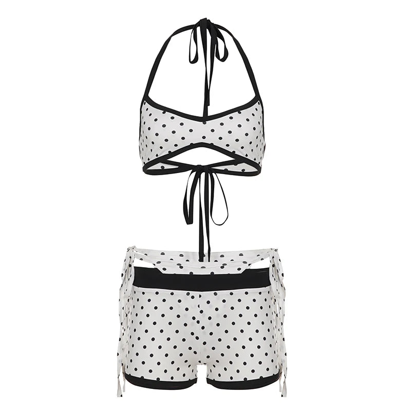 Hot Y2K Plaid V-Neck Halter 3-Piece Above-Knee Bikini Set Sweating Top Breathable Stretch Tie-Side Shorts Tie Dye Women