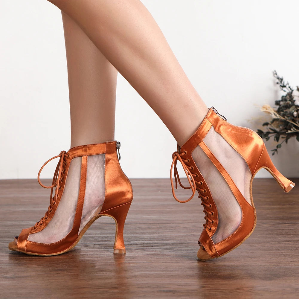 LUOQIAO Professional Satin Mid Heel Ballroom and Latin Dance Boots