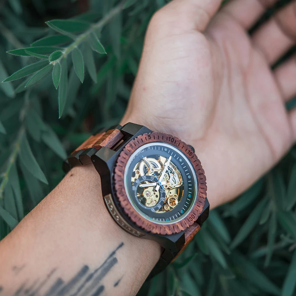 BOBO BIRD Wooden Mechanical Automatic Wristwatch for Men with Luminous Hands