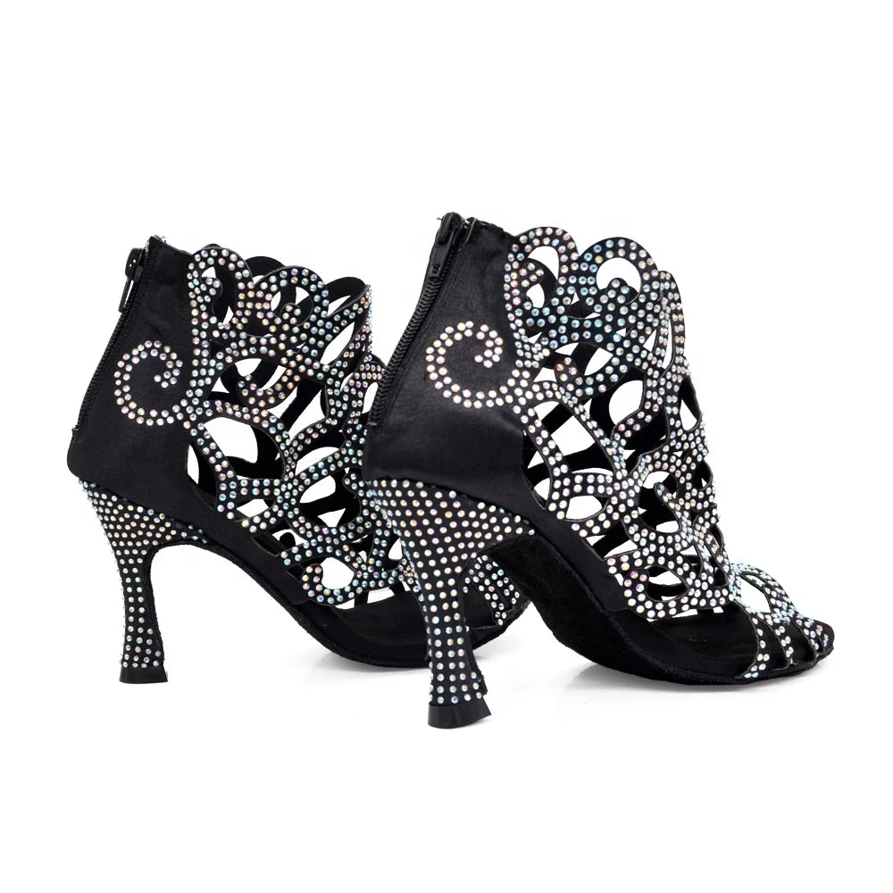 Zapatos de baile latino y salsa para mujer Evkoodance, parte superior de satén, suela de ante, tacón de 8.3 cm
