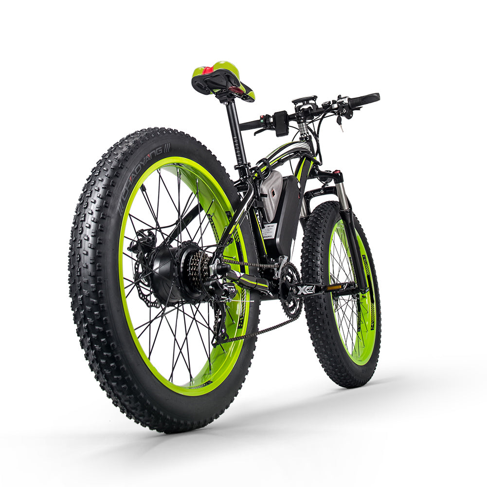Bicicleta eléctrica RICH Bit con motor de buje para neumáticos gruesos, cuadro de aluminio, almacén europeo, color verde, 1000 W, batería de litio electrónica de 48 V y 17 Ah, 21 velocidades