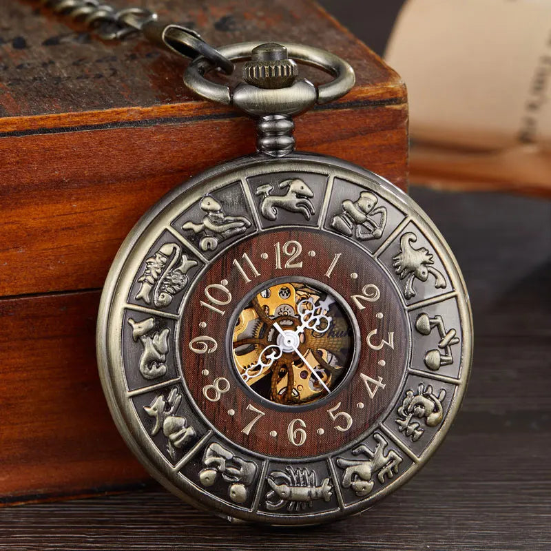 Solid Wood Mechanical Pocket Watch FOB Chain Locket Dial Hollow Steampunk Skeleton Men Women Mens Male Clock Watches Box Package