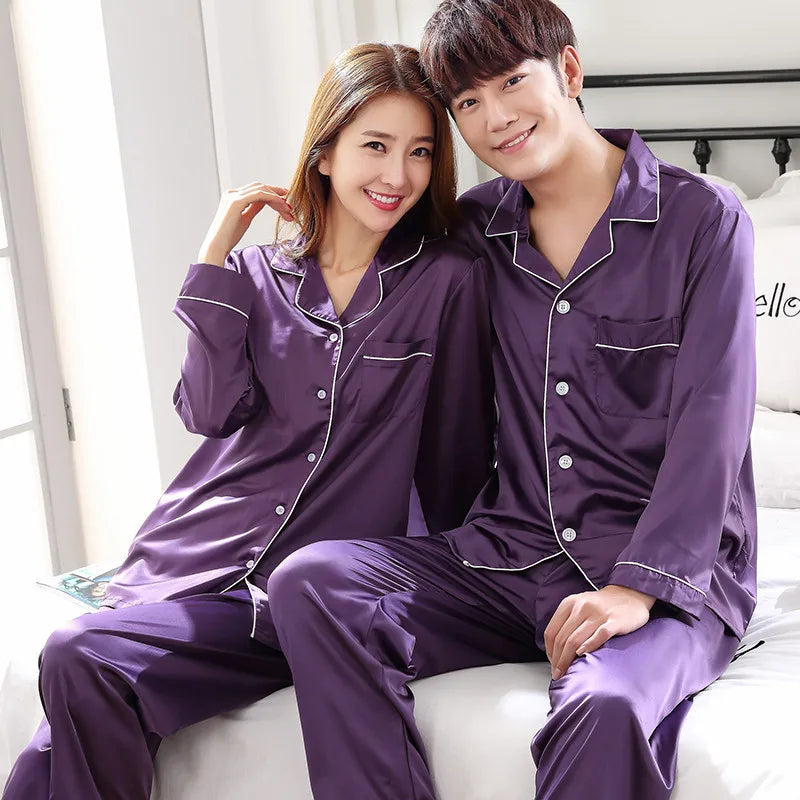 Solid Color Sleepwear Silk Satin Pajamas Couple Set Long Button-Dow