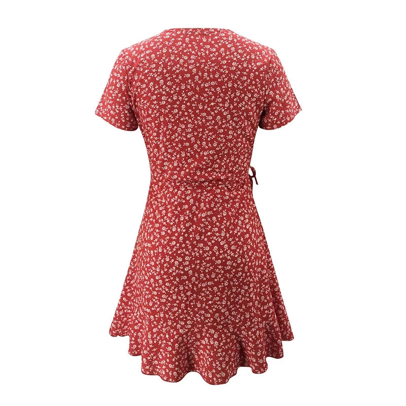 Summer Women’s Floal A-Line Dress Sweet Elegant Floral Ruffles V-Neck Bandage Short Dress for Lady Chic Flowers Mini Dress